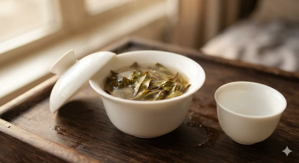 Tie Guan Yin oolong tea brewing in white gaiwan close-up