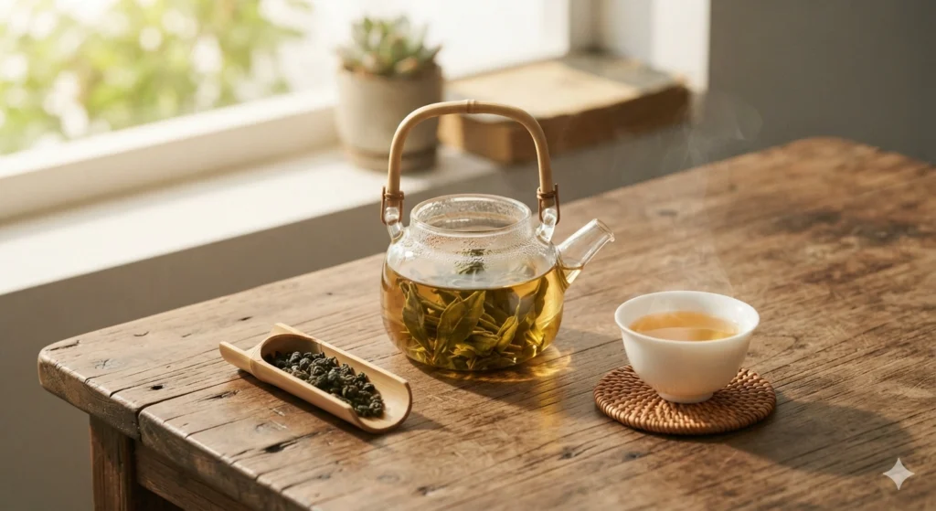 Easy oolong tea brewing with glass teapot and morning lig