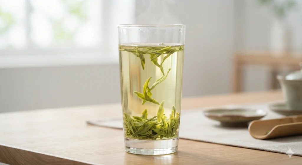 Brewing Longjing tea in a glass cup with unfurling leaves