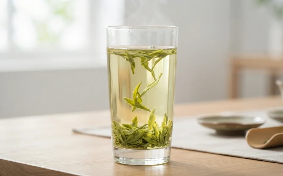 Brewing Longjing tea in a glass cup with unfurling leaves