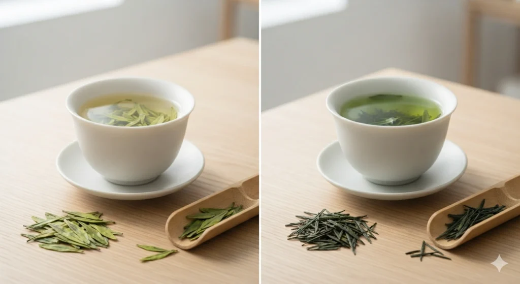 Longjing tea vs Sencha green tea comparison leaves and infusion
