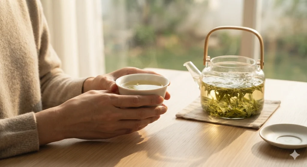 Dragon Well tea morning ritual hands holding white cup