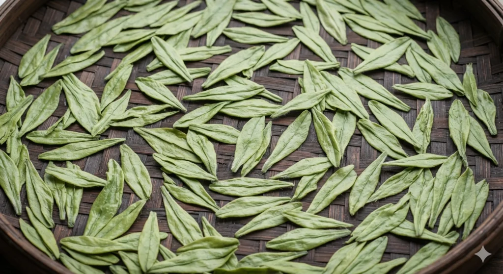 Longjing tea dry leaves flat and smooth on bamboo tray close-up