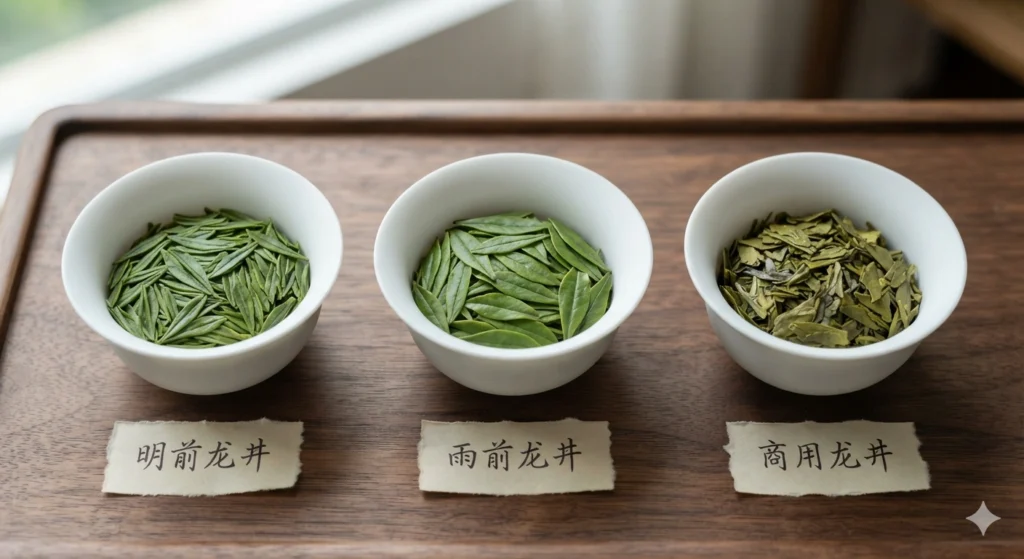 Dragon Well tea quality levels visual guide three bowls