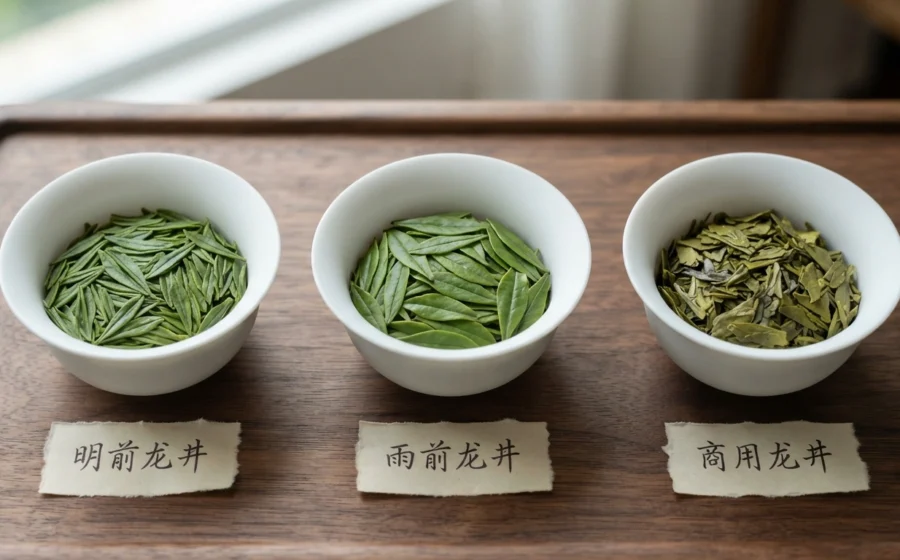 Dragon Well tea quality levels visual guide three bowls