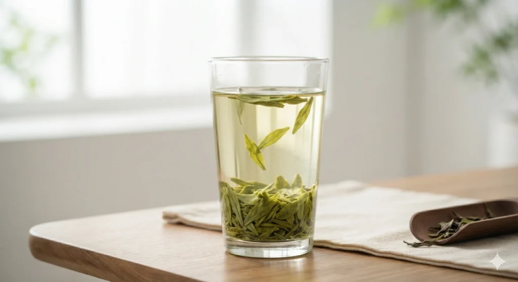 Brewed Longjing tea clear golden-green liquor in glass cup