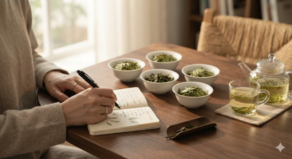 Longjing tea buying guide tasting notes and samples on table