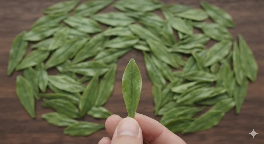 Premium Longjing tea leaves flat and smooth close-up quality inspection