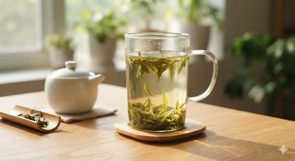 Pouring water for Longjing tea at home simple brewing
