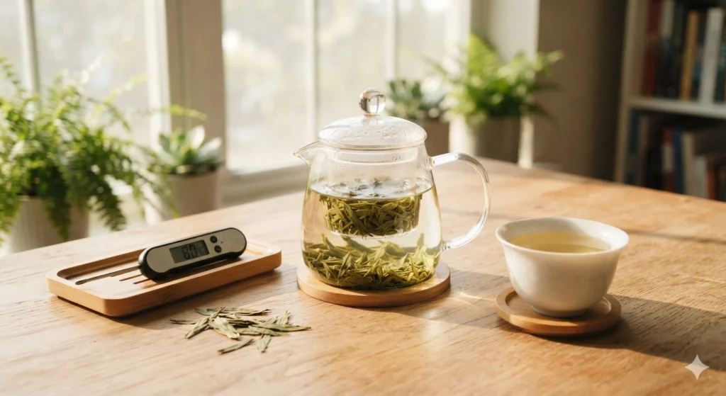 Longjing tea brewing with water temperature control at 80 degrees