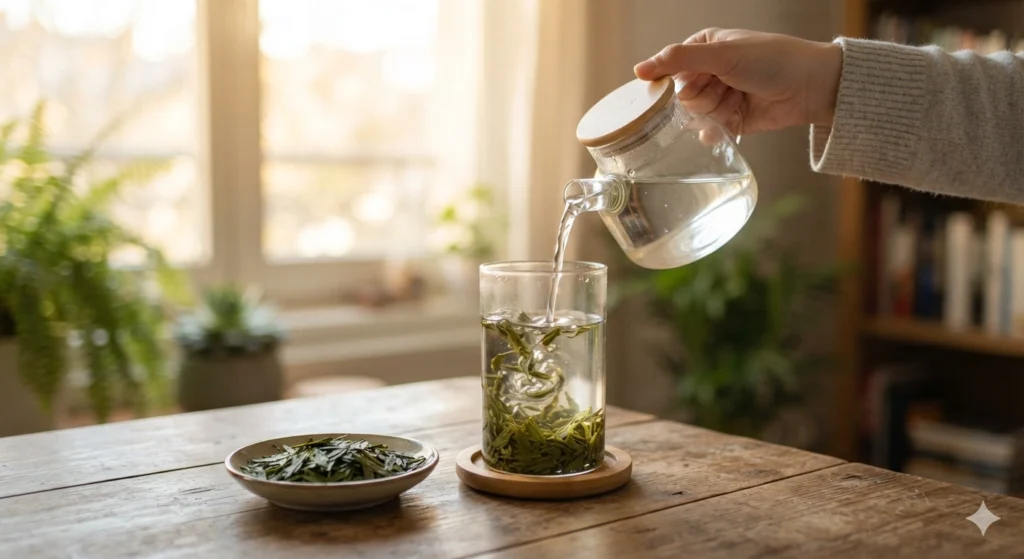 Brewing Longjing tea in a clear glass cup with unfurling leaves