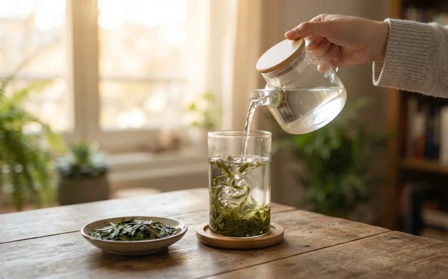 Brewing Longjing tea in a clear glass cup with unfurling leaves