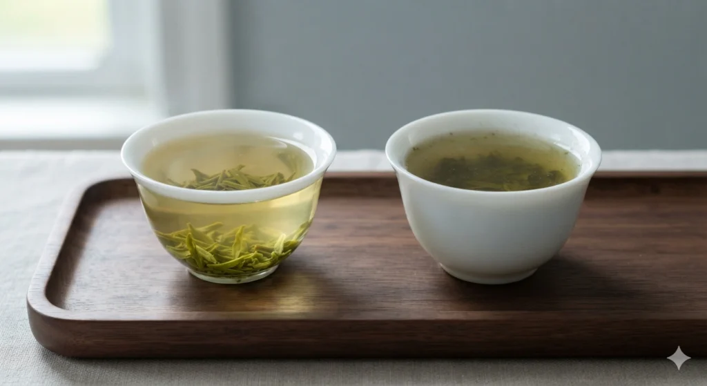 Correct vs incorrect Longjing tea brewing temperature comparison