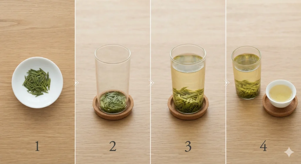 How to brew Longjing tea step by step instructional flat lay