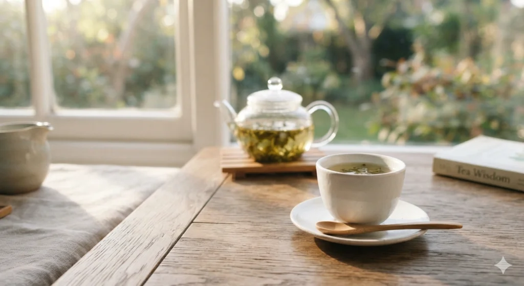 Morning Longjing tea cup with soft sunlight for calm focus