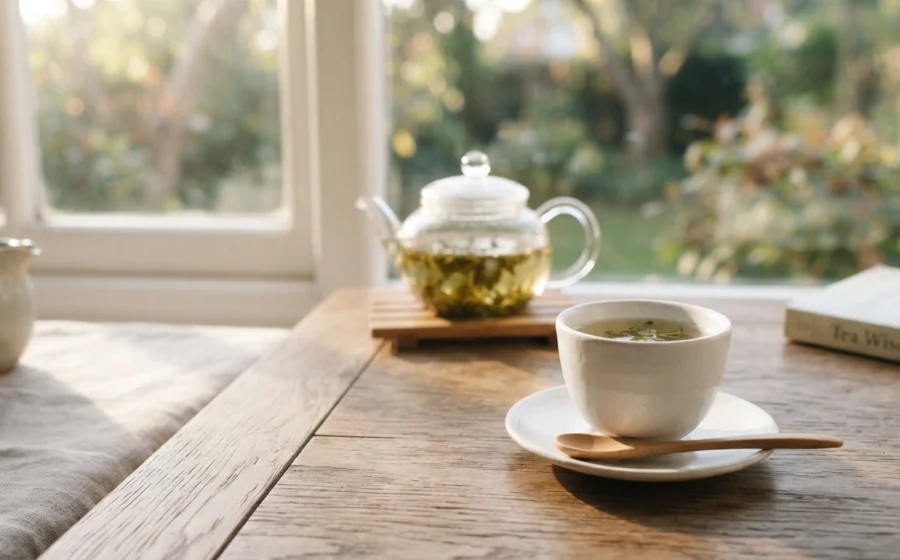 Morning Longjing tea cup with soft sunlight for calm focus