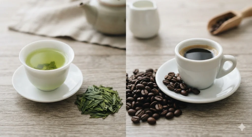 Longjing tea vs coffee caffeine comparison cup and beans