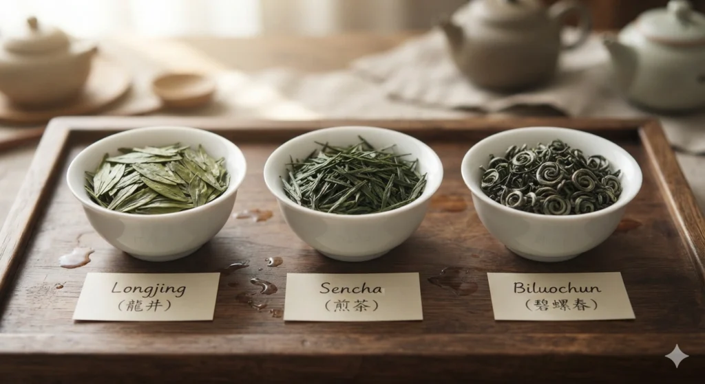 Longjing Sencha Biluochun green tea comparison caffeine