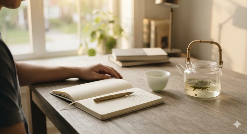 Afternoon work session with Longjing tea for calm focus