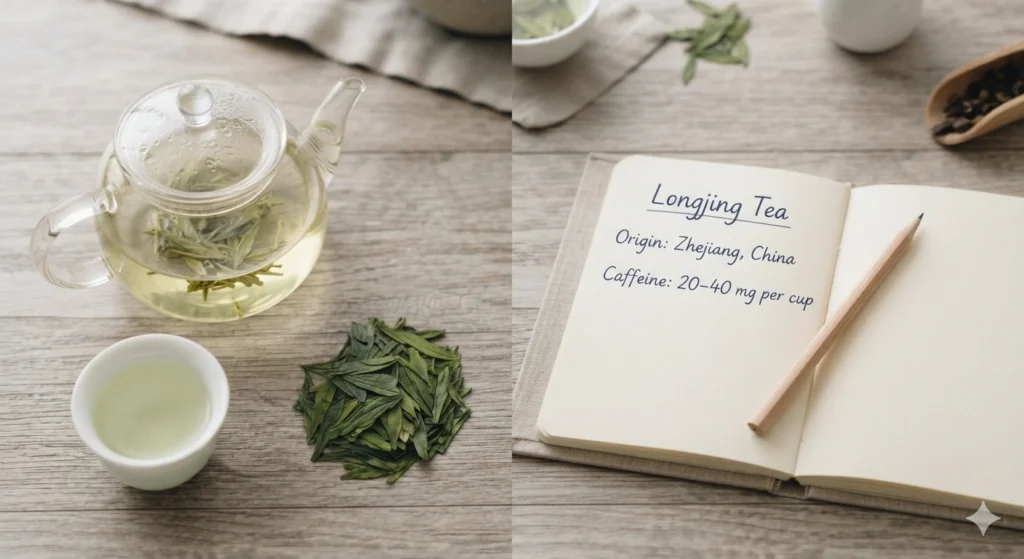How much caffeine in Dragon Well tea educational flat lay