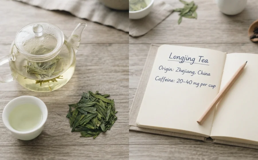 How much caffeine in Dragon Well tea educational flat lay