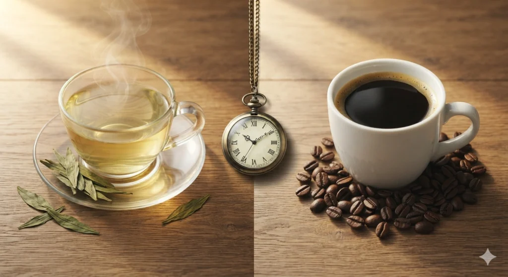 Dragon Well green tea and black coffee side by side on wooden table