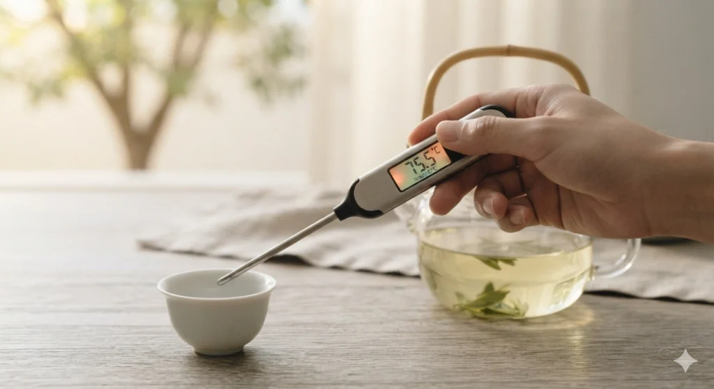 Lower temperature brewing Longjing tea for less caffeine afternoon