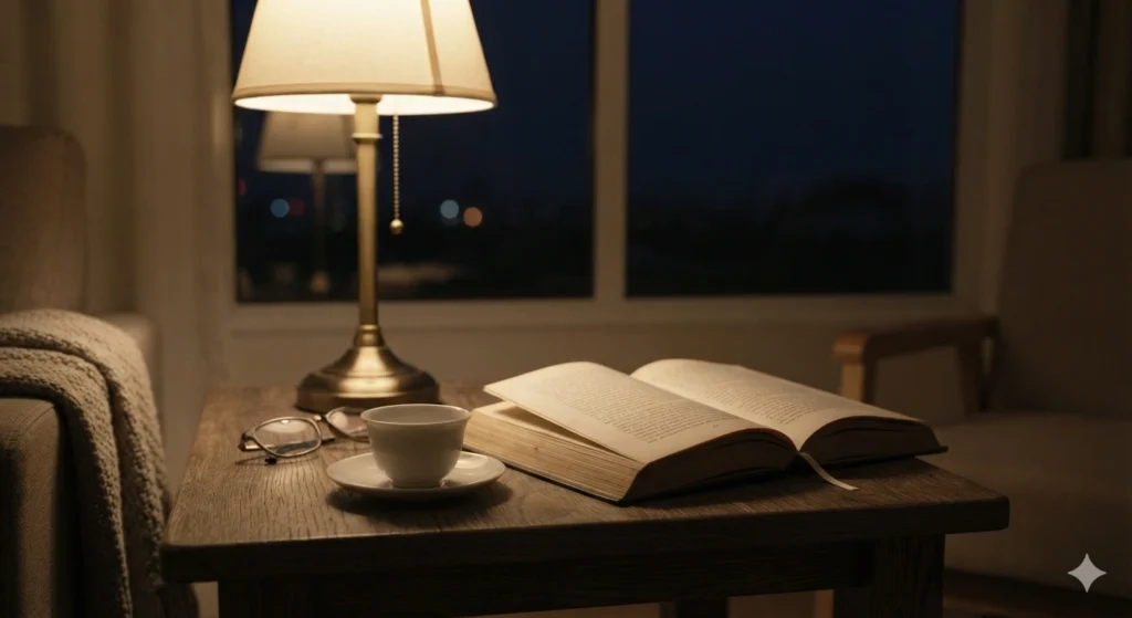 Evening routine without tea empty Longjing cup and a book