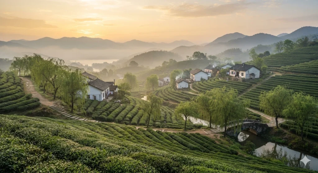 Authentic Dragon Well tea growing region morning mist