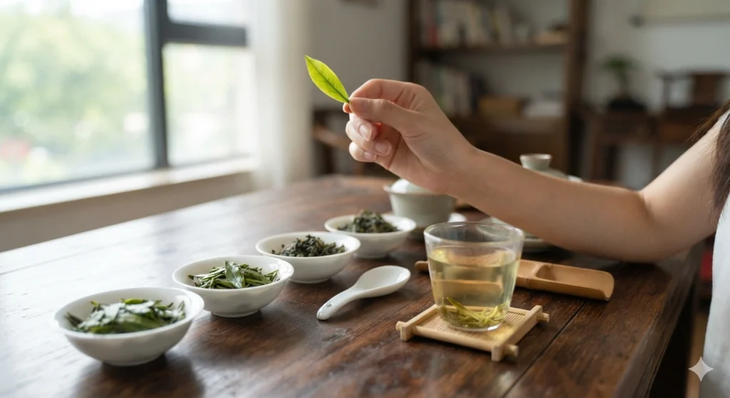 Selecting and inspecting Longjing tea quality close-up