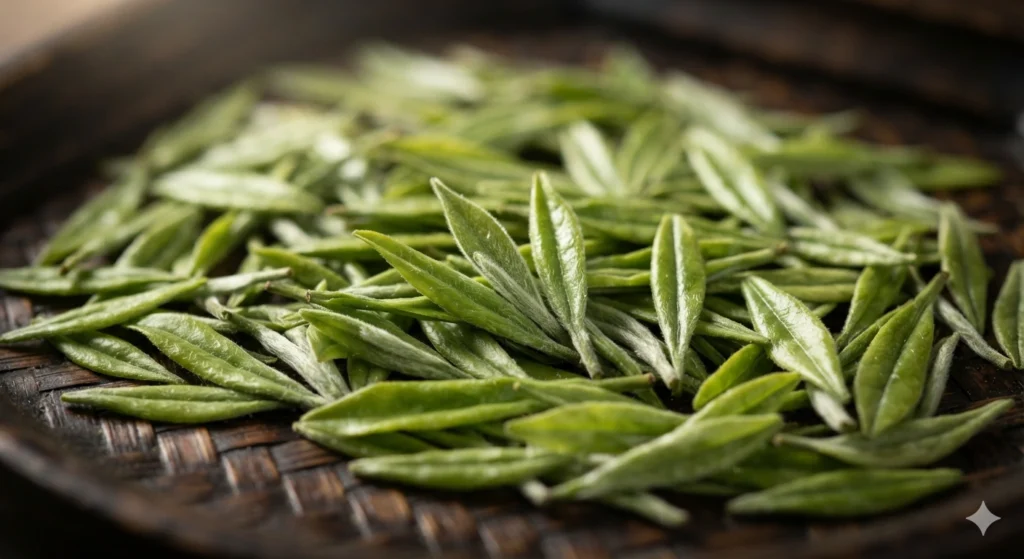 remium Mingqian Longjing tea buds close-up macro detail