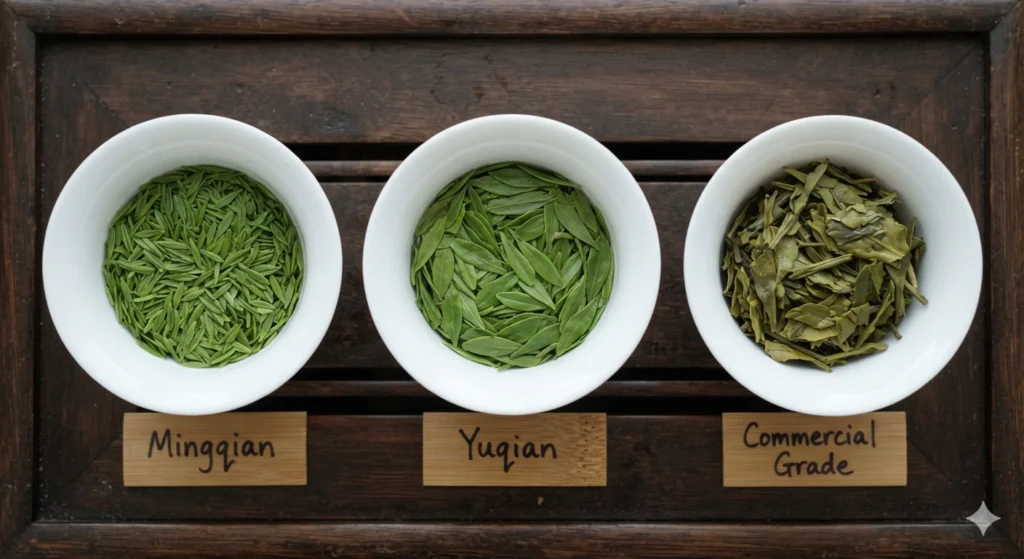 Best Longjing tea grades visual guide in white bowls