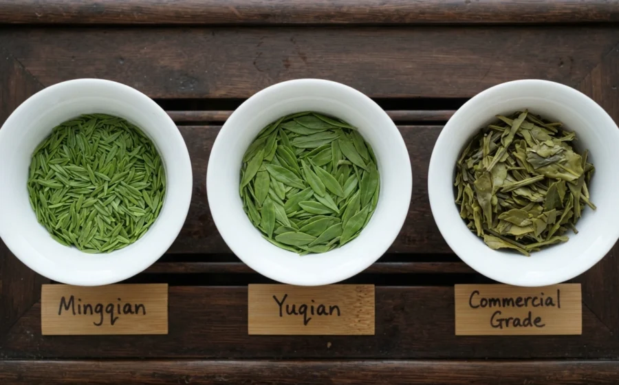 Best Longjing tea grades visual guide in white bowls