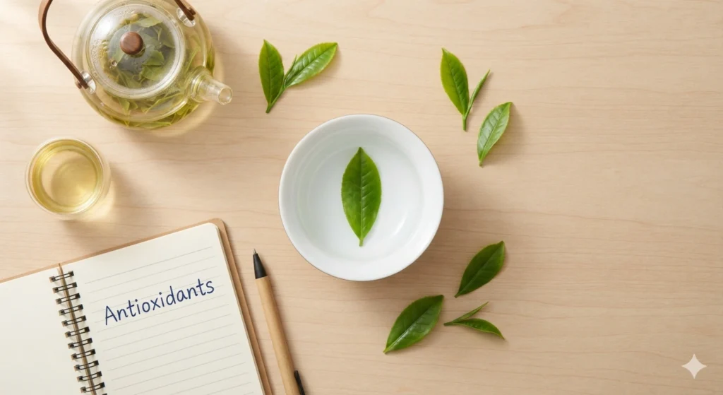 Longjing tea leaf and antioxidants concept flat lay