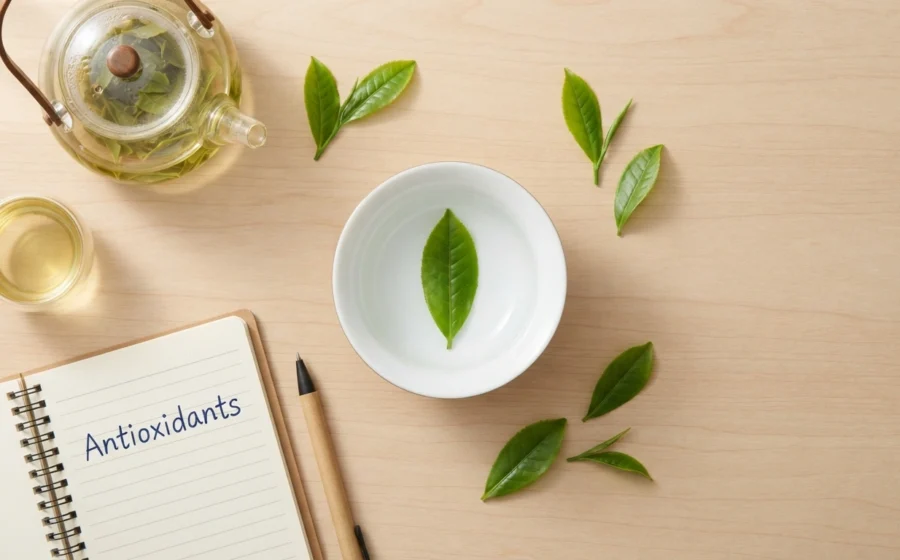 Longjing tea leaf and antioxidants concept flat lay