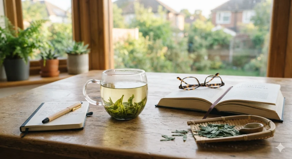 Healthy morning routine with a cup of Longjing tea and a book