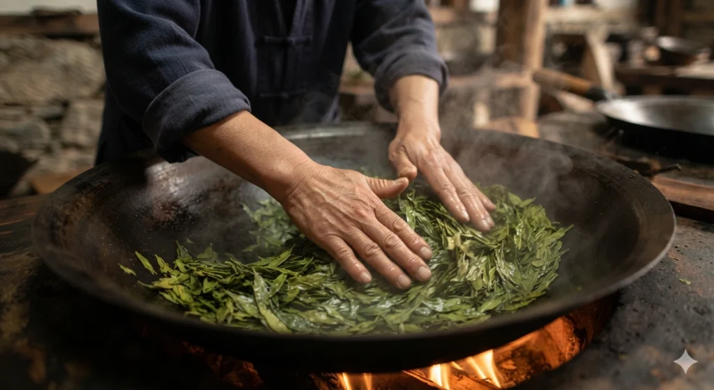 Traditional hand pan-firing Chinese Longjing tea processing