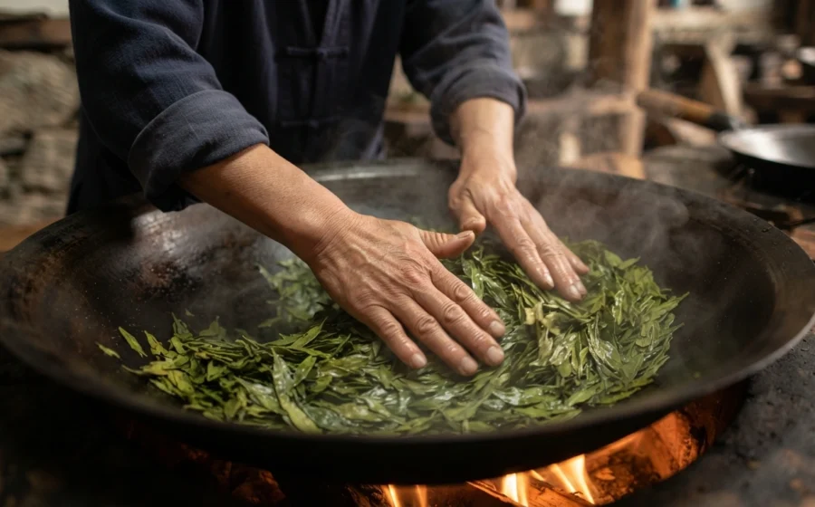 Traditional hand pan-firing Chinese Longjing tea processing