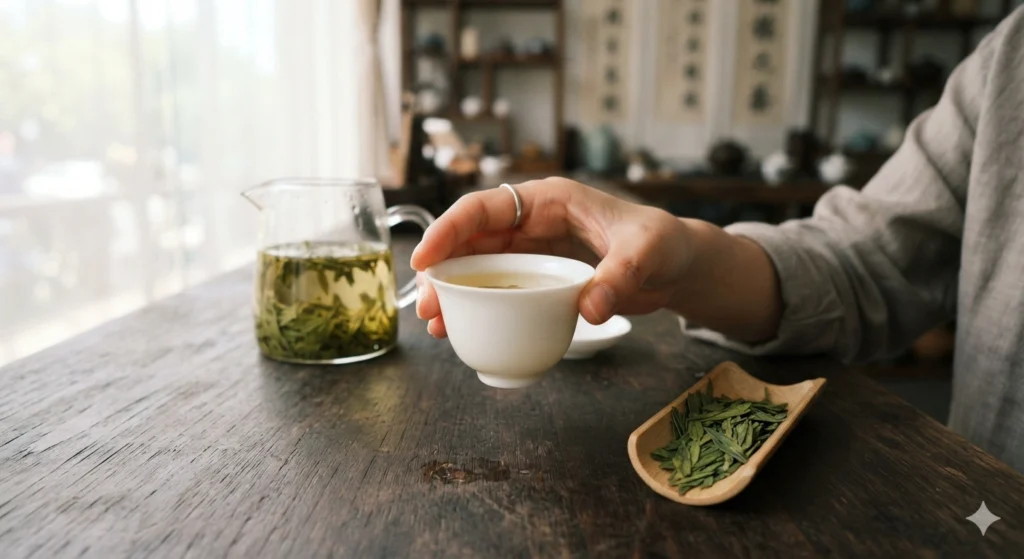 Tasting Chinese Dragon Well tea chestnut aroma smooth flavor