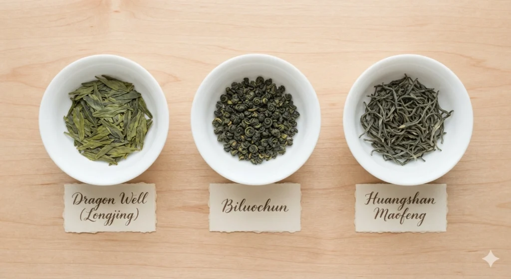 Chinese green tea comparison Dragon Well Biluochun Huangshan Maofeng