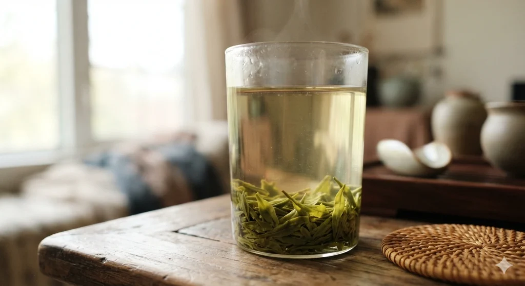 Longjing tea taste profile clear golden-green liquor and unfurled leaves