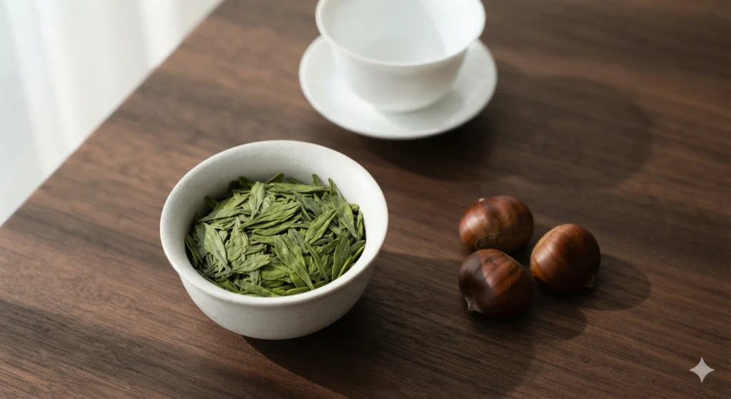 Longjing tea and roasted chestnuts flavor association flat lay