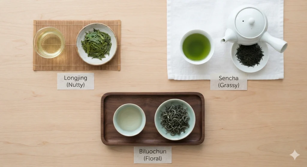 Longjing Sencha Biluochun green tea taste comparison