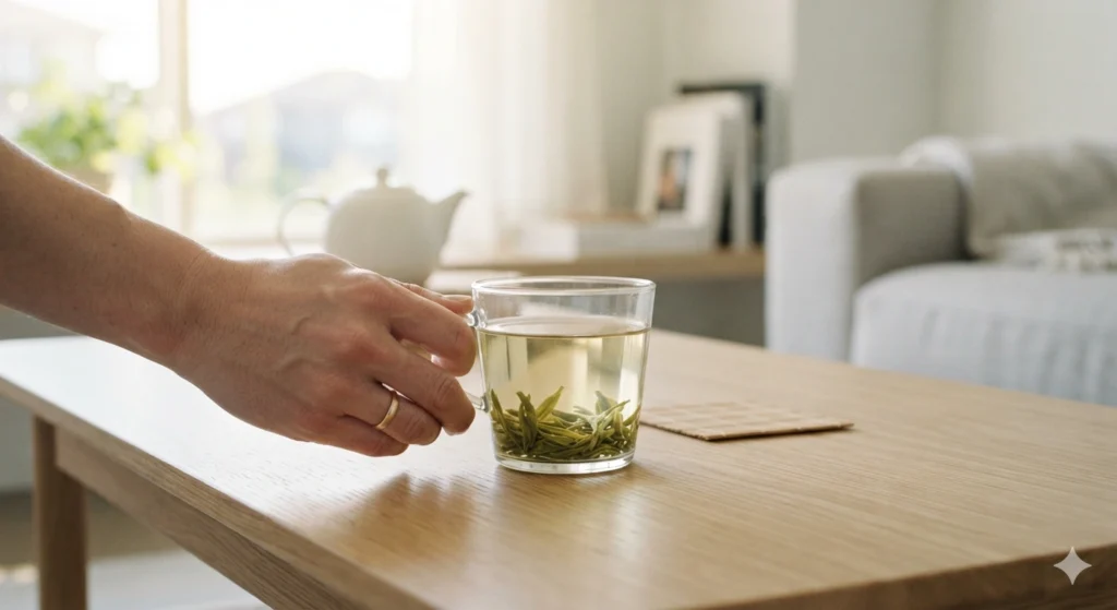 Modern daily life enjoying famous Longjing tea at home