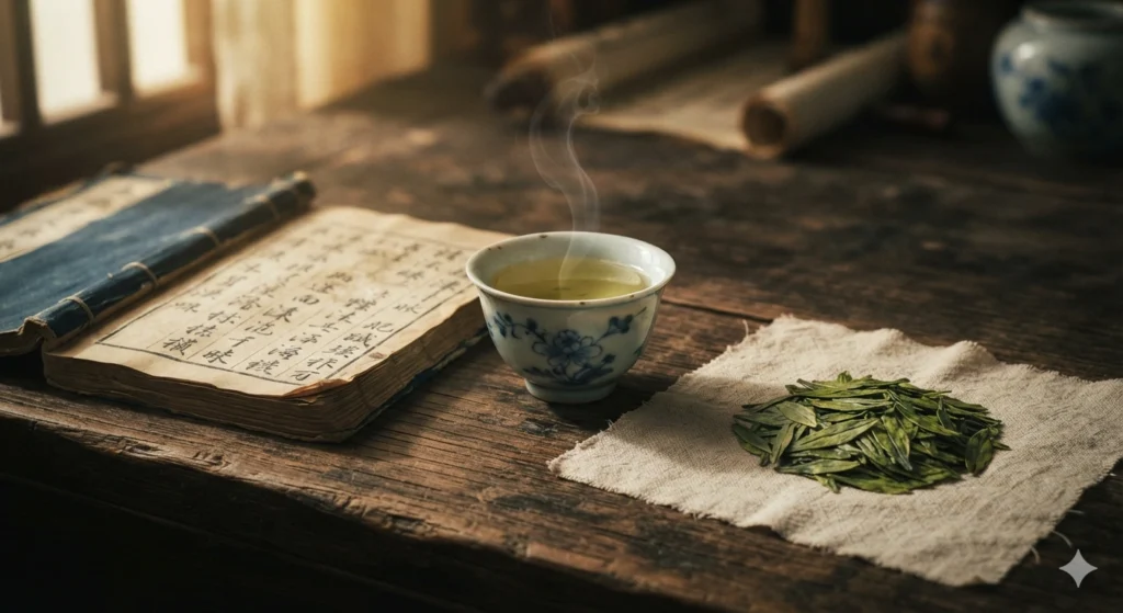Longjing tea history and cultural importance antique teacup and book