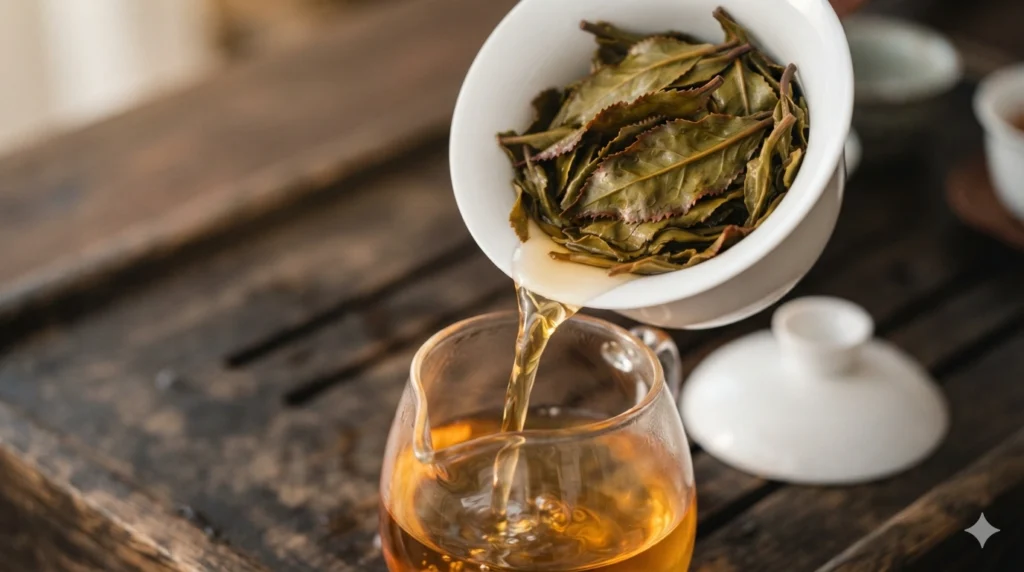 Unfurled Phoenix Dancong whole tea leaves with red edges and amber tea