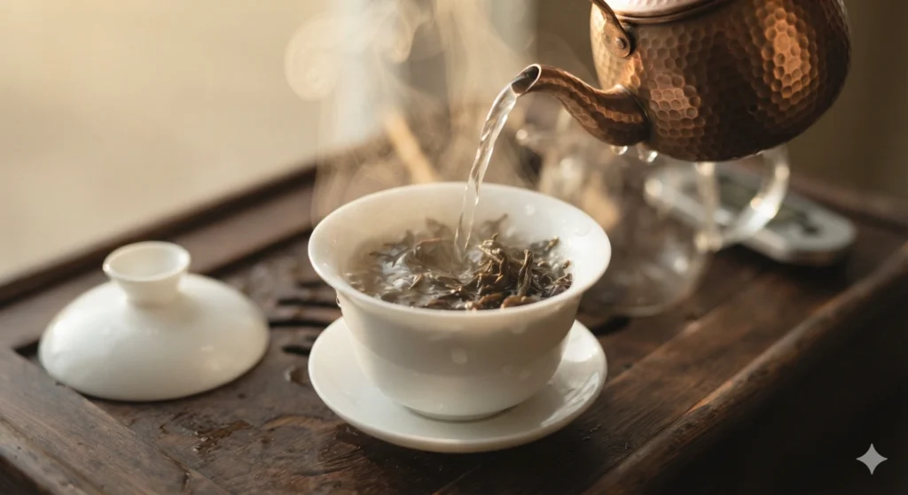 Pouring near-boiling water onto Dancong tea leaves in a gaiwan