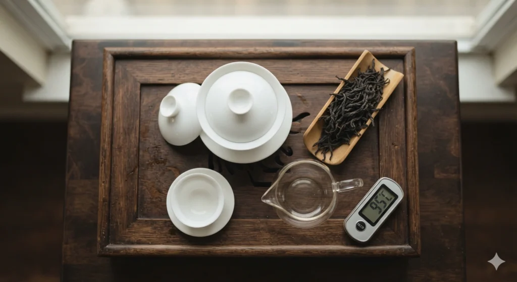 Dancong tea brewing essentials gaiwan leaves and thermometer at 95 degrees