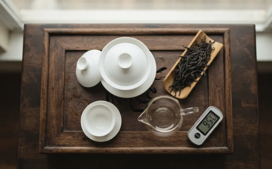 Dancong tea brewing essentials gaiwan leaves and thermometer at 95 degrees