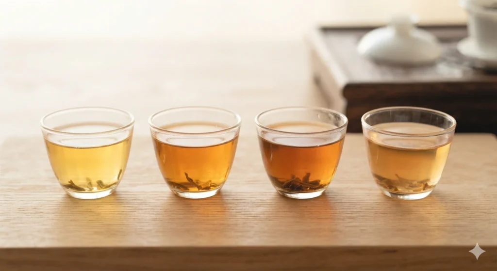 Dancong tea multiple infusions color evolution from first to fourth steep